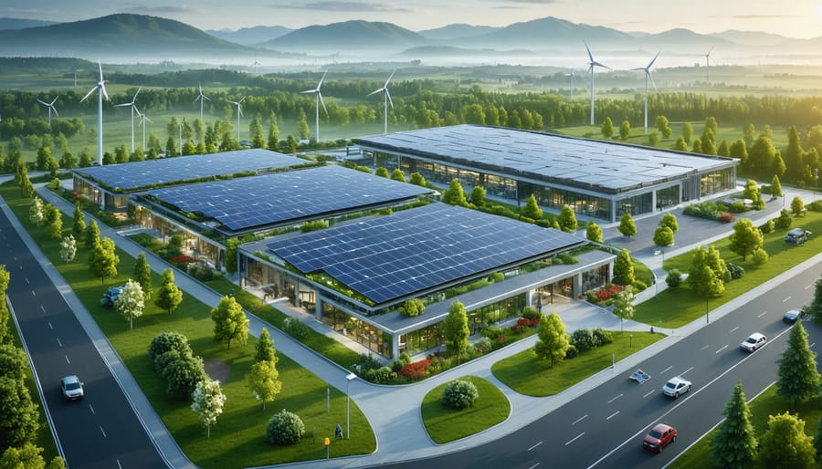 Artistic depiction of a sustainable European solar panel manufacturing facility with rooftop solar panels and wind turbines, symbolizing innovations in reducing carbon footprints.