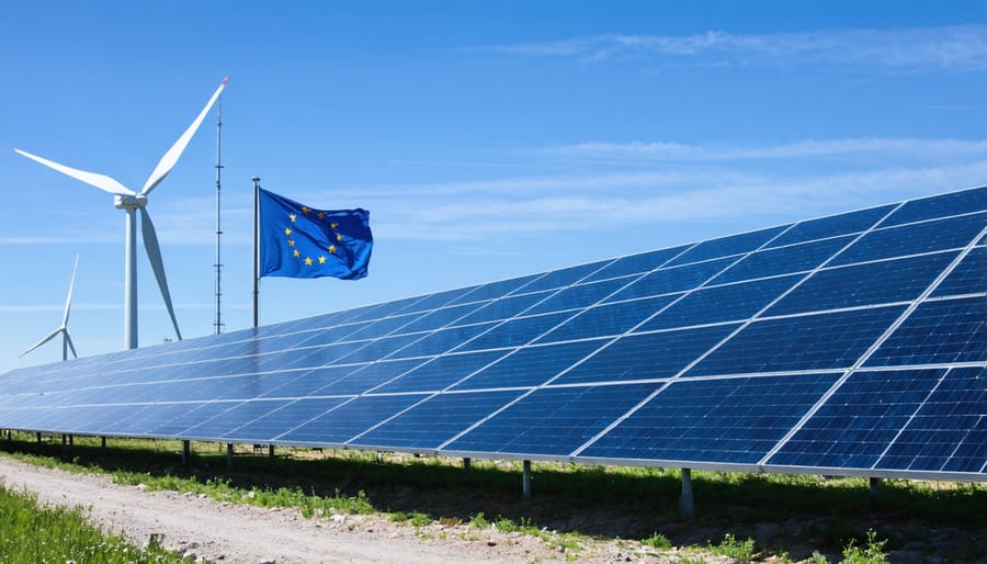 European skyline with solar panels and wind turbines, symbolizing the success of energy policy in accelerating clean technology adoption.