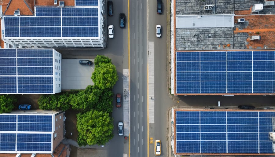 Bird's eye view of solar panels integrated into a city street with visible public transit infrastructure