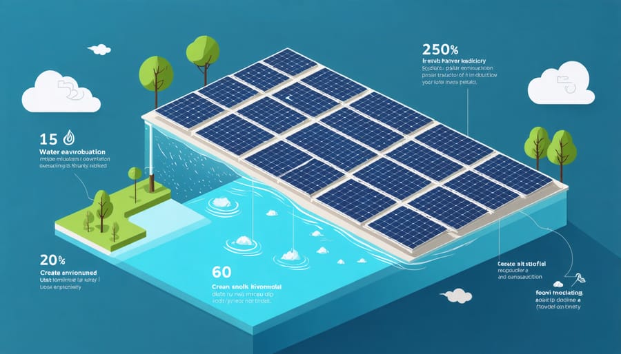 Diagram illustrating environmental advantages of floating solar farms with key statistics