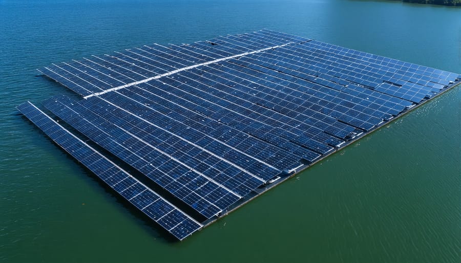 Bird's eye view of floating solar panels arranged in a grid pattern on urban water body