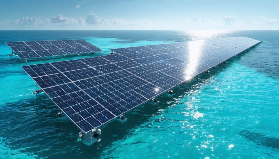 Conceptual image of a futuristic offshore solar farm with floating solar panels harnessing sunlight on a clear ocean, symbolizing European renewable energy innovation.