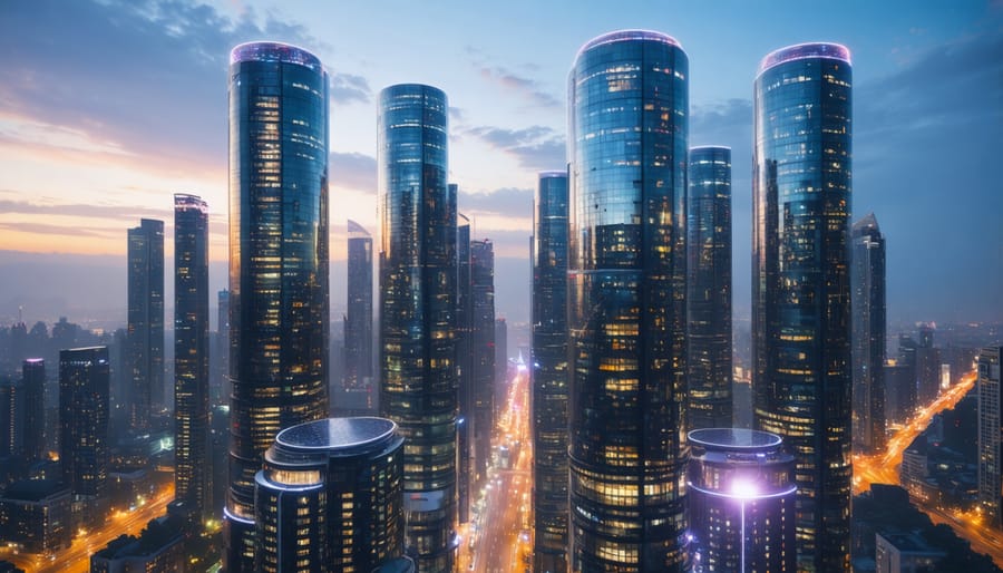 A futuristic city skyline featuring skyscrapers with transparent solar windows, residential buildings with solar facades, and rooftops equipped with solar panels, illuminated by a sunlit glow.