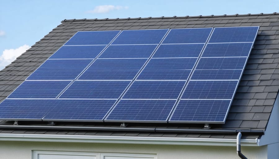 Installation sequence showing mounting and connection of solar panels on a residential garage roof