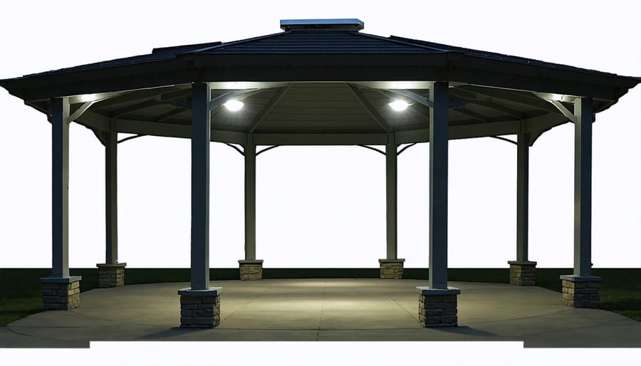 Gazebo lighting diagram showing optimal placement of solar lights for perimeter and overhead illumination