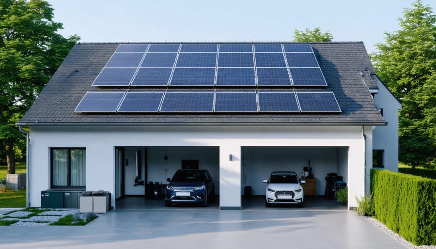 Smart home energy system showing solar panels connected to battery storage unit