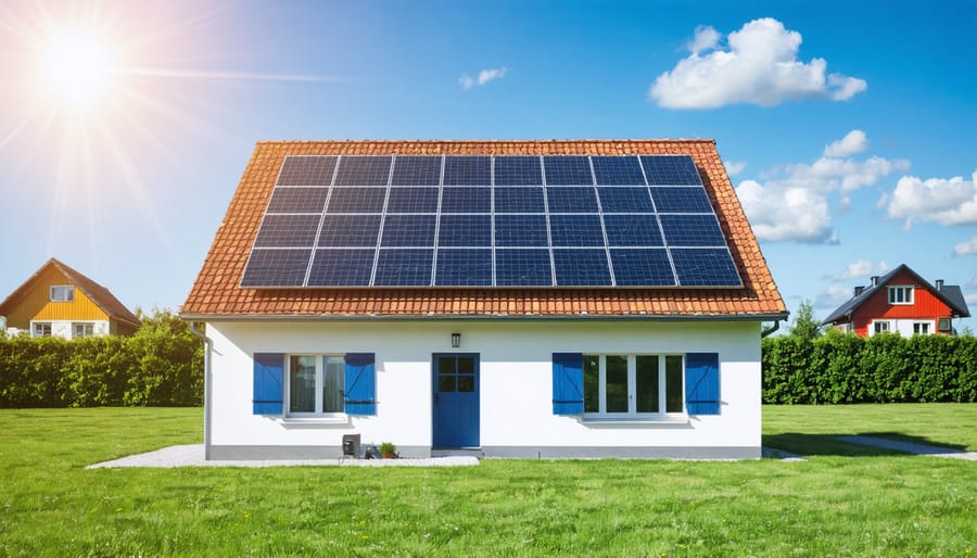 Conceptual illustration of a residential home with solar panels installed on the roof, showing optimal angles and blueprint elements representing a DIY solar installation process.