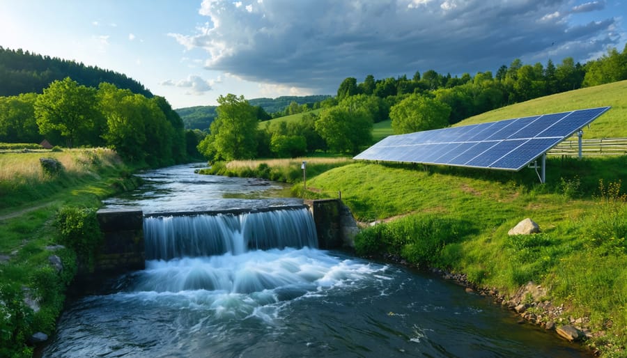 Scenic view of a European river with a micro-hydro turbine near the bank and solar panels in the background, illustrating the combination of renewable energy sources.