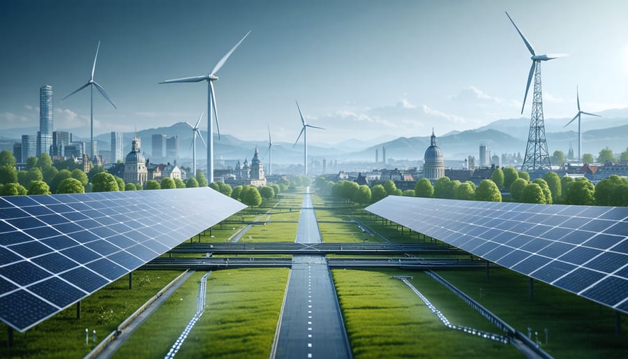 "Futuristic European landscape showcasing integrated hybrid microgrid system with solar panels, wind turbines, and traditional energy infrastructure amidst recognizable regional landmarks."