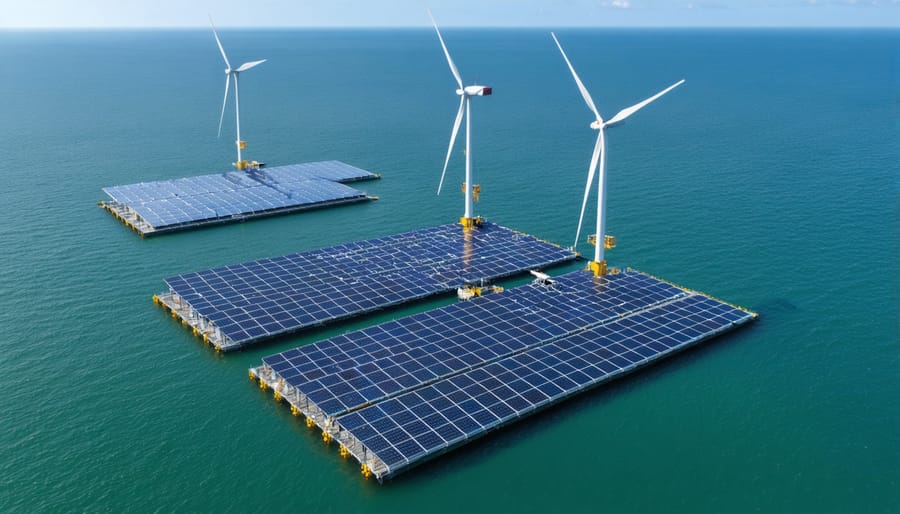 Aerial view of hybrid offshore installation with tall wind turbines and floating solar panels in the North Sea, illustrating renewable energy synergy.