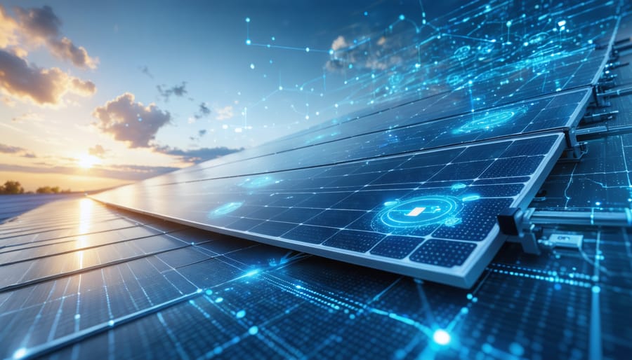 Visual representation of a hybrid solar system showcasing solar panels, battery storage, and digital power management, illustrating energy independence for European homes and businesses.