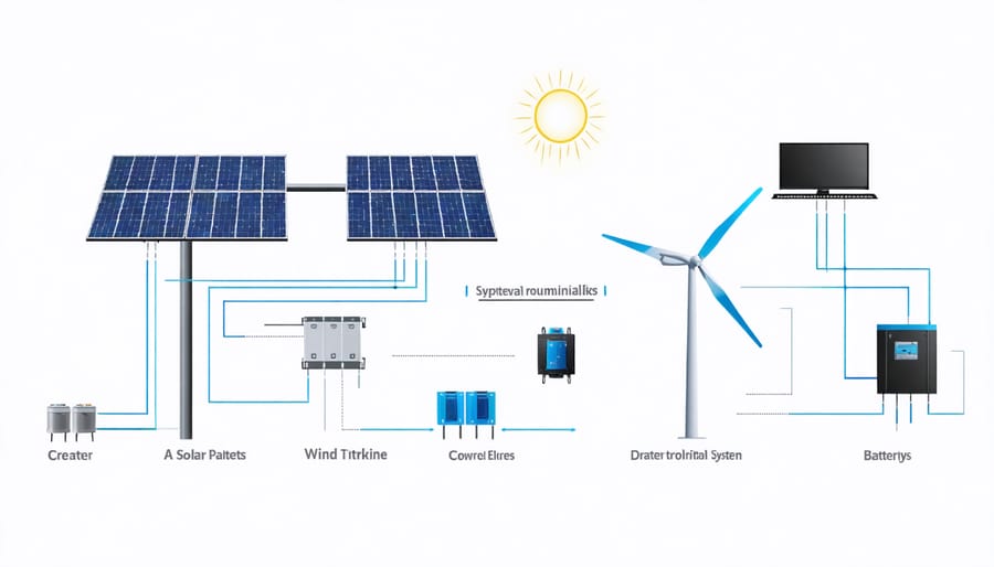 Detailed illustration of wind-solar hybrid system components and their connections