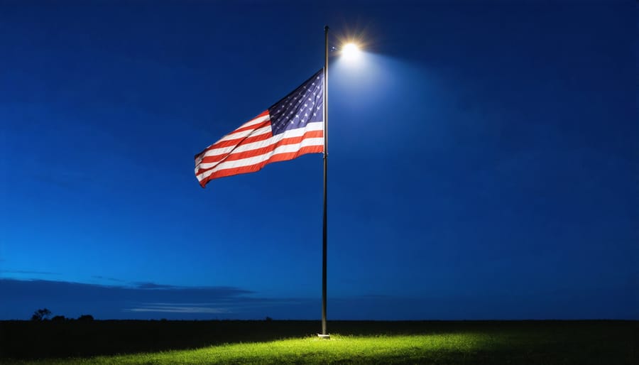 American flag illuminated by a solar-powered spotlight against a dark night sky