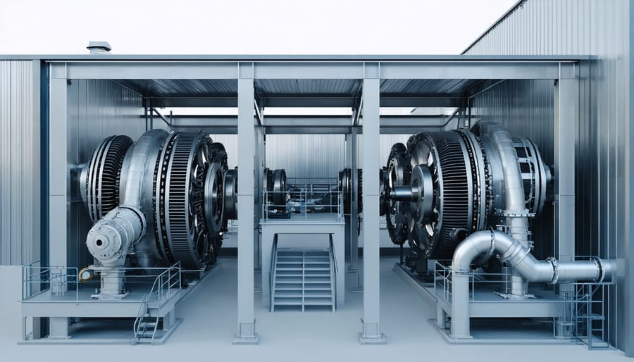 Large-scale flywheel energy storage system in an industrial setting with visible rotating units