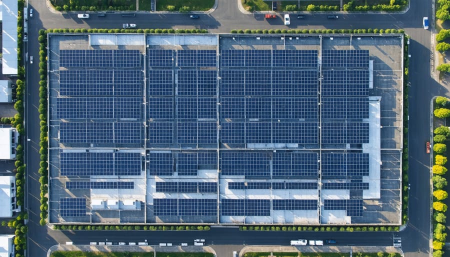 Industrial manufacturing plant with solar panels covering its roof