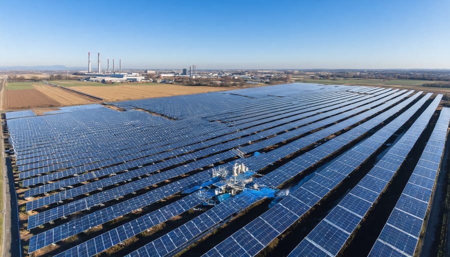 A large-scale industrial solar thermal facility with rows of solar collectors spread across a European landscape, signifying the integration of solar energy into manufacturing processes.