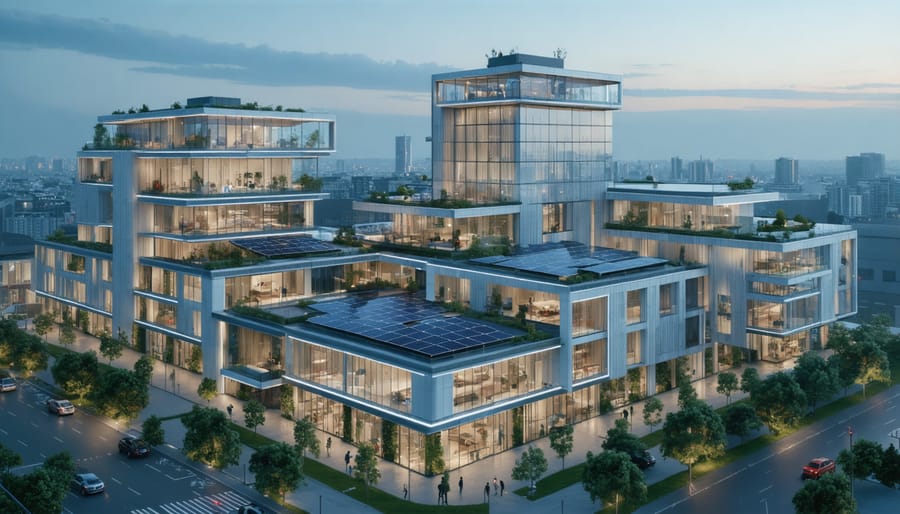 Architectural visualization of a modern European cityscape featuring buildings with integrated solar technology, including solar tiles, transparent solar windows, and façade panels, showcasing a blend of sustainability and urban design.