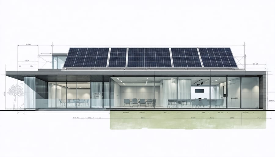 3D visualization of a contemporary European building featuring seamlessly integrated solar materials in its design