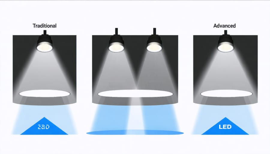 Side-by-side comparison of light coverage patterns between traditional and modern solar flagpole lights