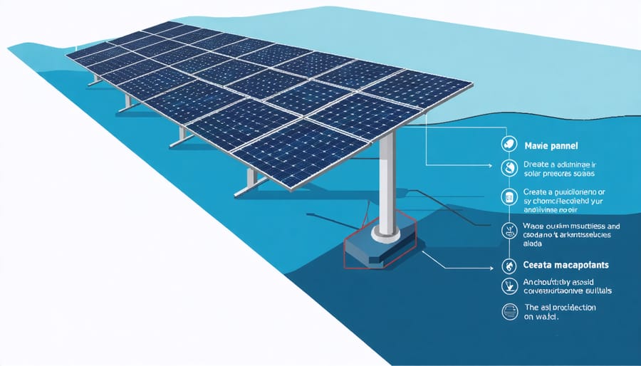 Detailed technical illustration of offshore solar panel construction and mounting systems