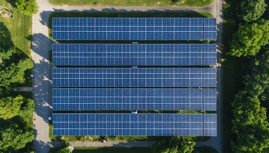 Aerial view of functioning solar microgrid providing power during severe weather conditions