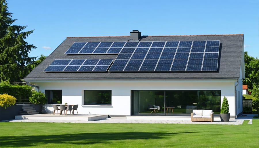 Aerial view of a residential rooftop in Europe with latest-generation solar panels installed