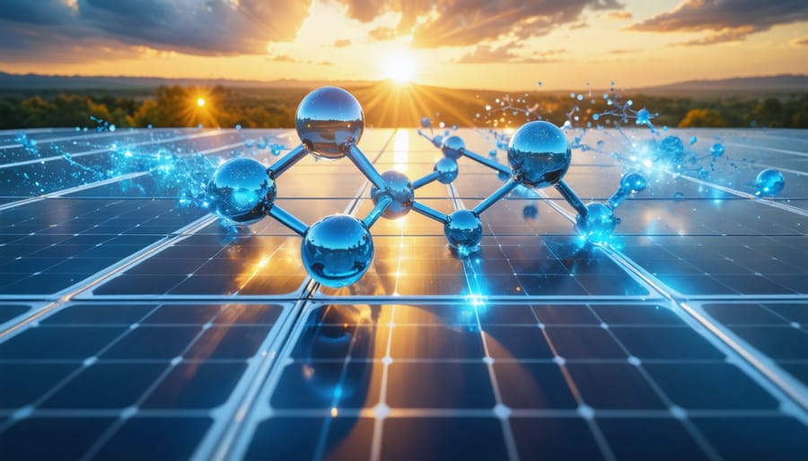 Conceptual illustration of molecular solar thermal technology depicting molecules transforming under sunlight, highlighting their role in continuous solar power storage and utility.