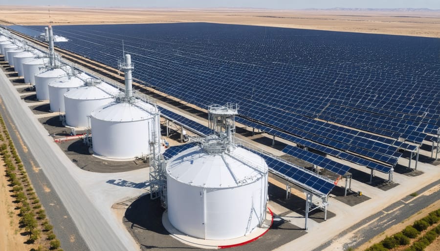 Large-scale solar thermal power plant featuring distinctive circular solar tower and storage tanks