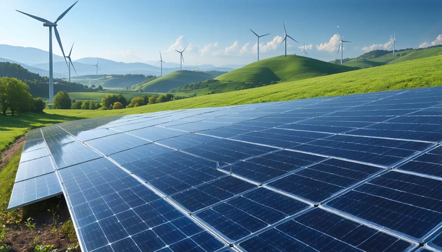 "Illustration of nano-engineered solar panels in a European landscape capturing sunlight, demonstrating advanced light-trapping structures complemented by wind turbines in the background."