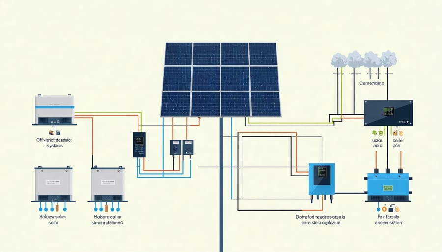 Detailed technical diagram of off-grid solar system components and their interconnections