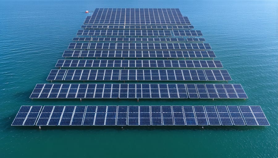 Large floating solar installation off the European coast with solar panels arranged in geometric patterns