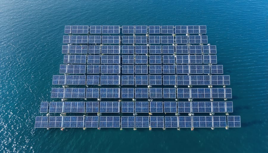 Large offshore floating solar farm with protective wave barriers in European waters