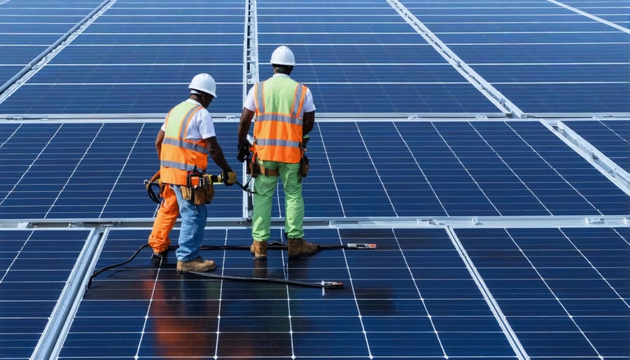 Maintenance team working on offshore solar panels from a service vessel