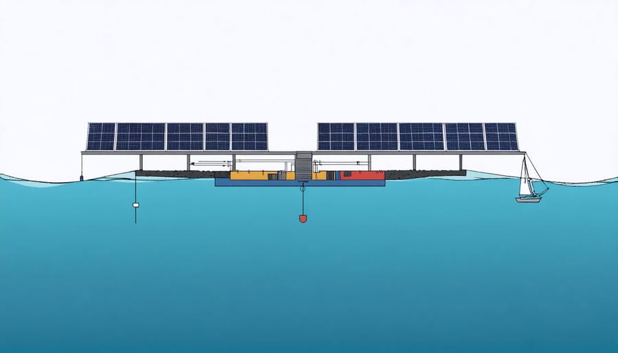 Technical illustration of offshore solar panel system components and infrastructure