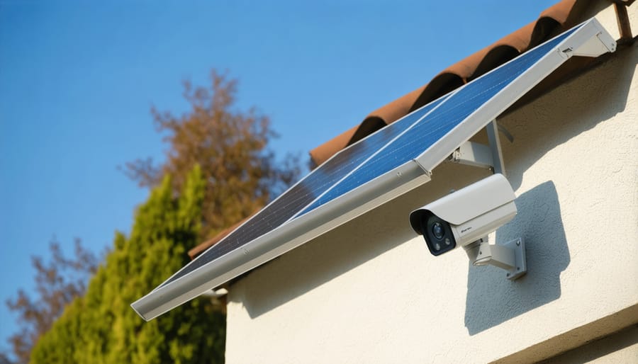 Properly installed solar security camera showing ideal mounting position for maximum solar efficiency