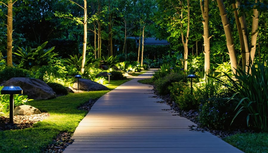 Garden and pathway illuminated by solar lights showcasing different brightness levels for optimal outdoor lighting.