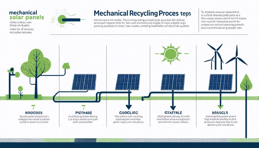 Step-by-step diagram of solar panel mechanical recycling process including separation and material recovery