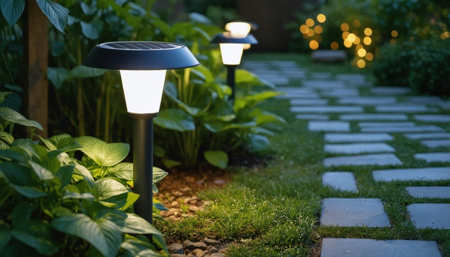 A dusk garden scene with solar lights powered by rechargeable NiMH batteries, featuring a close-up of a solar light and battery installation process, illustrating sustainable energy practices.