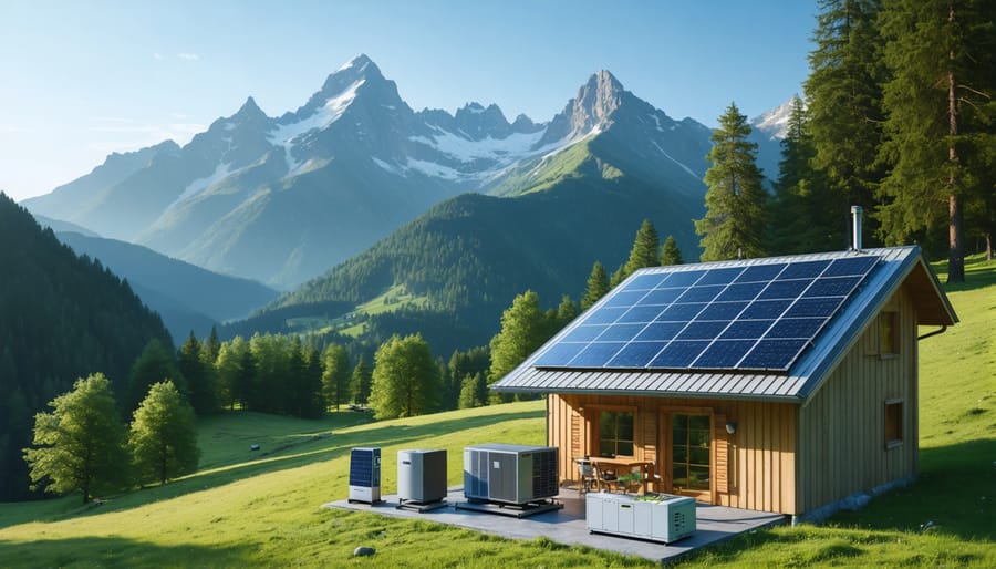 Scenic view of a remote mountain cabin equipped with an off-grid solar system, featuring solar panels, battery storage, and energy management controllers, set against a backdrop of European countryside.