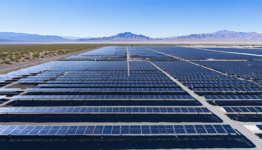 Aerial view of an extensive utility-scale solar panel array in the American Southwest desert with the skyline of a smart city in the distance, illustrating the integration of solar power into urban energy solutions.