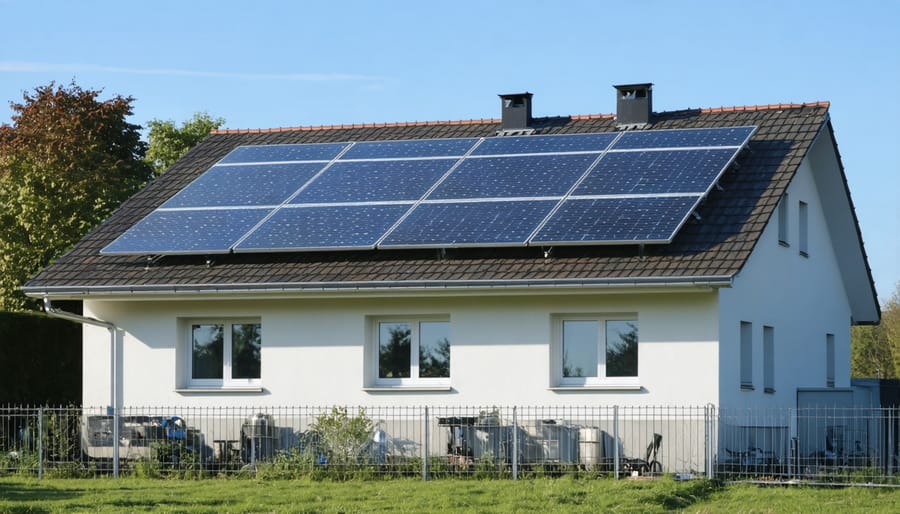 Rooftop solar thermal installation on a modern European home showing collector placement and integration