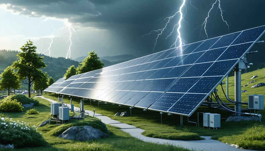 Illustration of a solar microgrid in a European landscape with solar panels, energy storage units, and smart distribution systems operating during adverse weather conditions, representing energy security and sustainability.