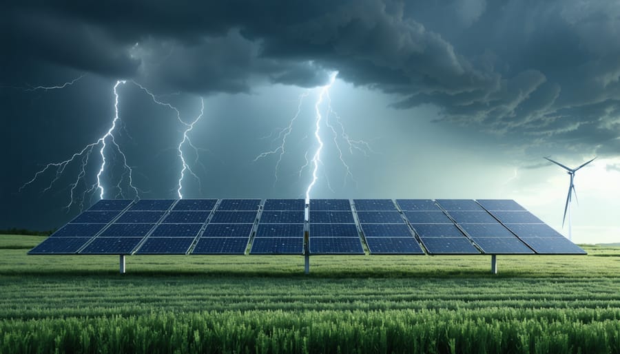 Conceptual illustration of a resilient solar energy system with solar panels, battery storage, and smart monitoring technology under a stormy sky, symbolizing energy independence and reliability during grid outages.