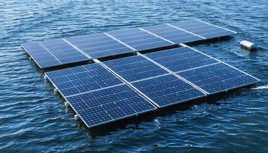 Floating solar farm in Rotterdam harbor with city skyline in background