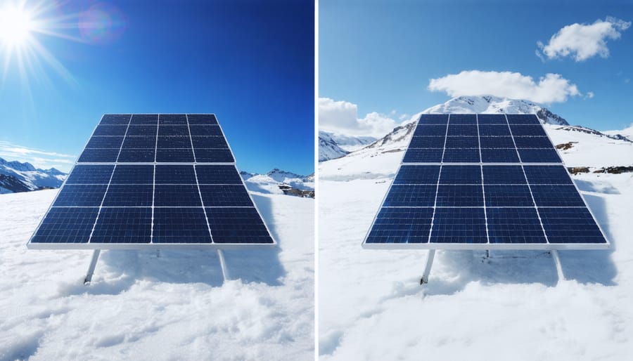 Side-by-side comparison showing solar panel installation during summer and winter conditions in the Alps