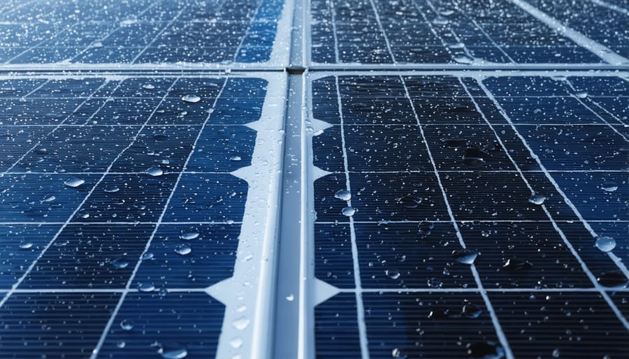 Side-by-side comparison demonstrating self-cleaning effect of nanocoating on solar panels