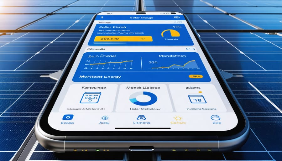 Smart phone displaying solar battery monitoring dashboard with energy usage graphs