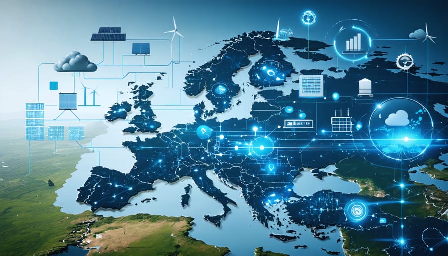 Map of Europe showing interconnected energy storage systems like batteries and flywheels integrated with renewable energy sources like solar panels and wind turbines, symbolizing the continent's sustainable energy grid.