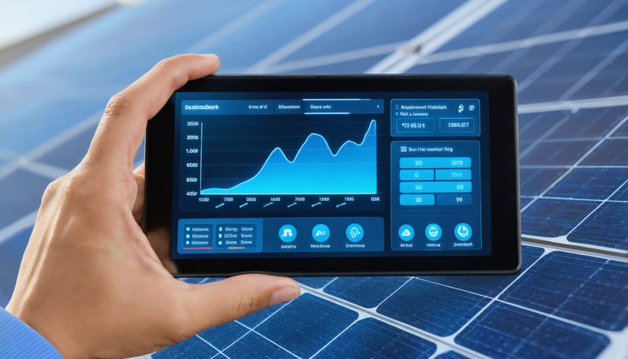 Smartphone displaying solar system monitoring app with energy production and consumption graphs