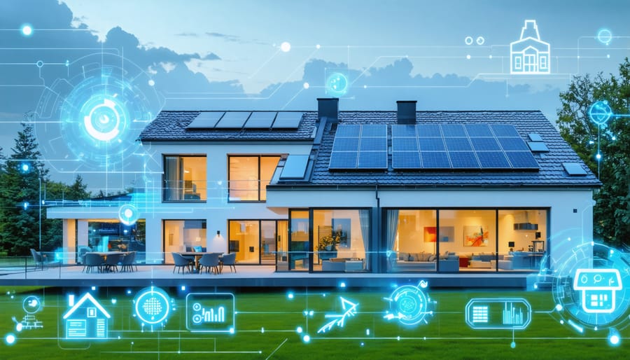 Conceptual image of a modern home with solar panels and digital interface, illustrating smart energy management and renewable power generation.